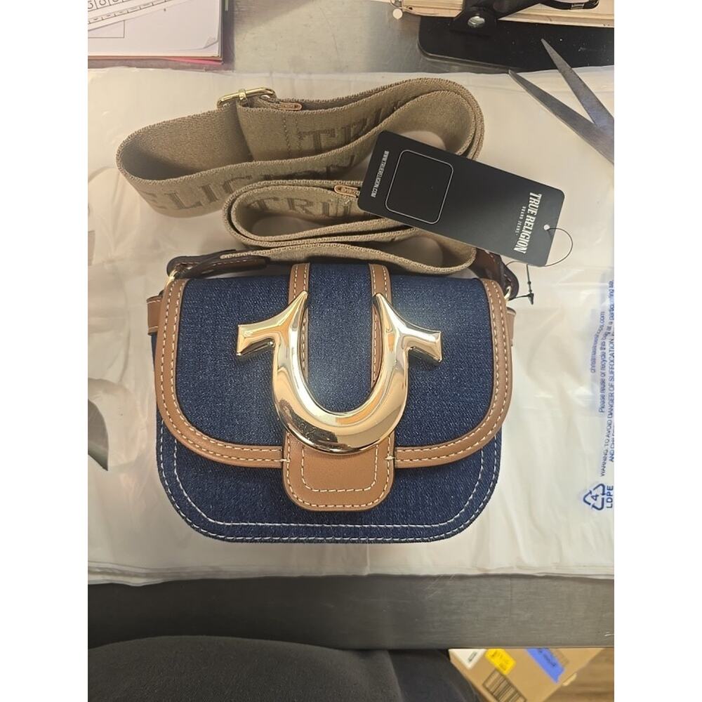 True Religion Mini Crossbody Bag Shoulder Bag - Dark Blue Denim w/ Faux Leather